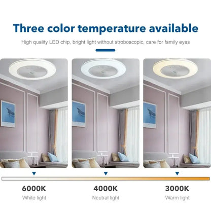 Modern white circular ceiling fan light with invisible blades and three color temperature options for living room use