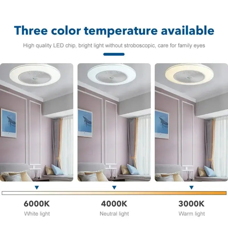 Modern white circular ceiling fan light with invisible blades and three color temperature options for living room use