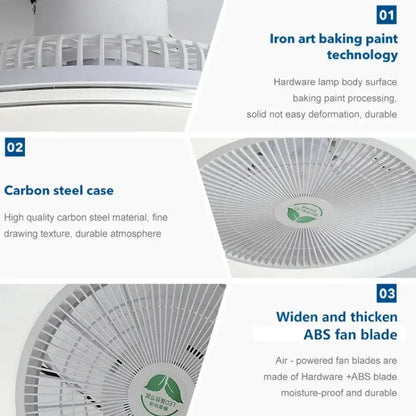 Modern white circular ceiling fan light with invisible abs plastic blades and carbon steel casing for living room fan light