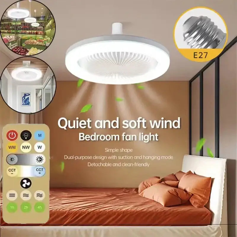 Modern white circular ceiling fan with light featuring integrated blades and e27 bulb socket for bedroom decorbites ceiling fan