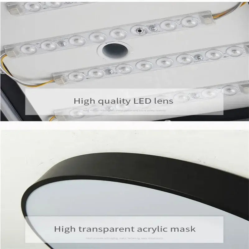 Black curved acrylic mask with high transparent finish paired with modern white circular decorbites ceiling aluminium lights