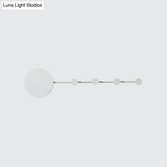 Modern white circular led wall lamp with sleek metallic rod and five frosted glass orbs bulb included light fixture