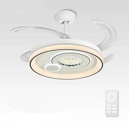 Modern white circular smart ceiling fan light with integrated led and central crown design for bedroom use