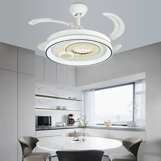 Modern white circular ceiling fan light with integrated led and curved blade design for bedroom use
