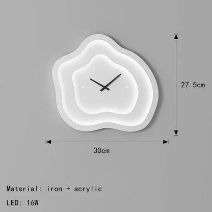 Modern white led wall lamp clock with layered organic iron and acrylic design for bedroom dimmable use