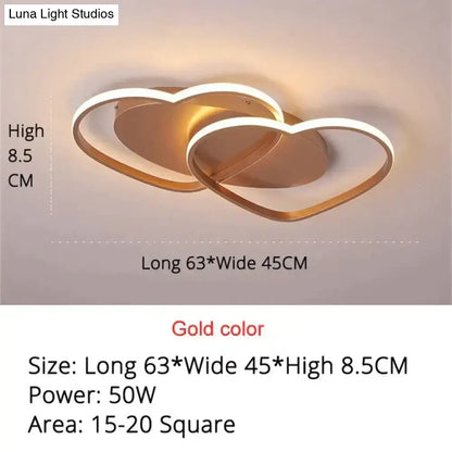 Modern white coffee pendant light with gold-colored led ceiling fixture featuring two interlocking heart shapes for bedroom