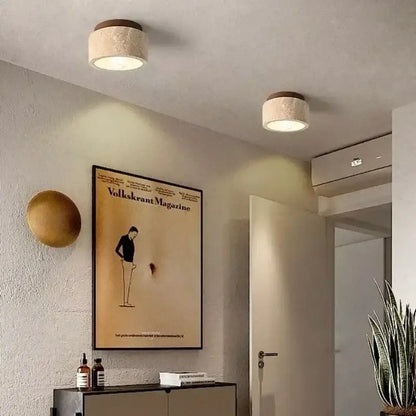 Two circular ceiling pendant lights with beige fabric shades and dark wood rims for modern lighting area under square meters