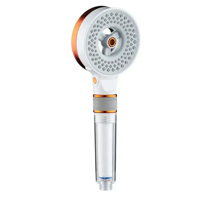 Modern white and copper decorbites dual sided high pressure showerhead with circular nozzles and transparent filter housing