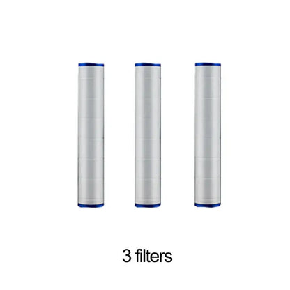 Three cylindrical water filters with white bodies and blue caps for decorbites dual sided high pressure showerhead bathroom use
