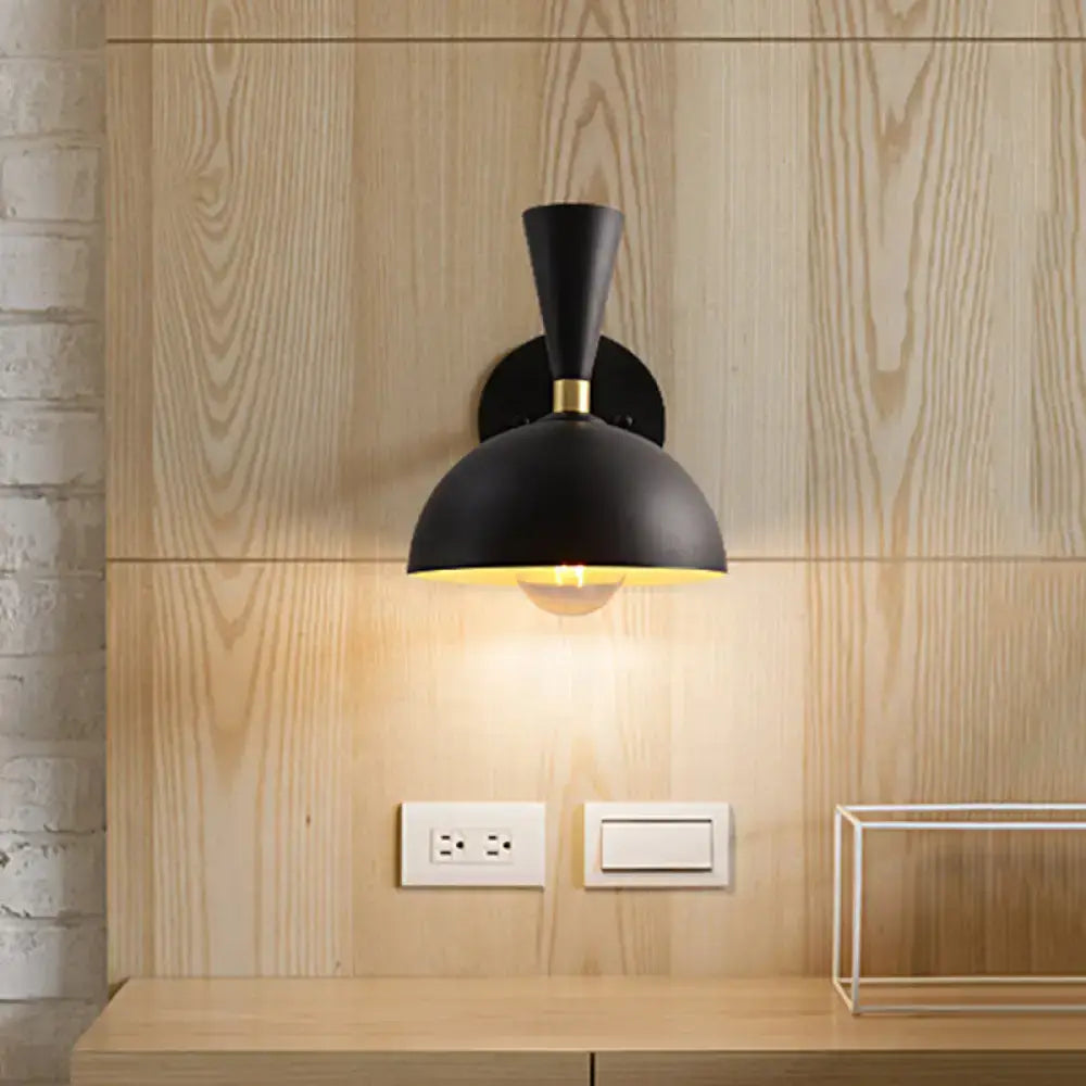 Black matte dome sconce with gold accent band and conical shade for modern 110v-120v rotating node bedroom light