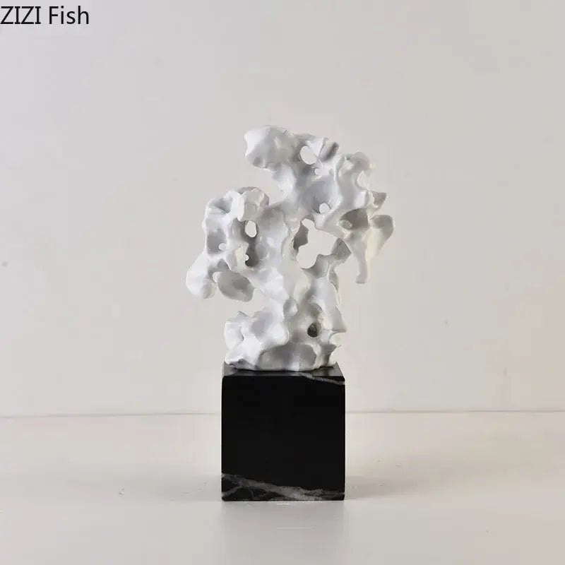 Modern white coral creative resin sculpture intricately sculpted on black marble base for living room decor