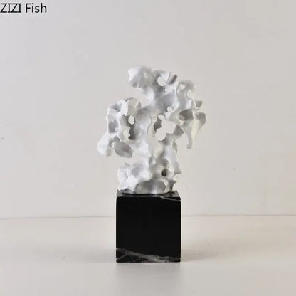 Modern white coral creative resin sculpture intricately sculpted on black marble base for living room decor