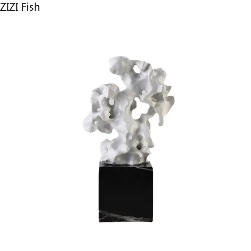 Modern white coral creative resin sculpture with intricate texture mounted on black marble base for living room decor
