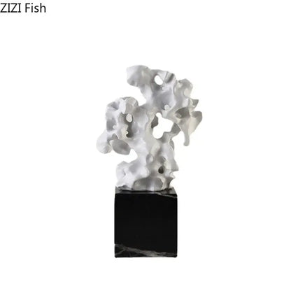 Modern white coral creative resin sculpture with intricate texture mounted on black marble base for living room decor