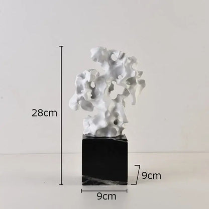 Modern white coral creative resin sculpture with intricate carving mounted on black marble base for living room decor