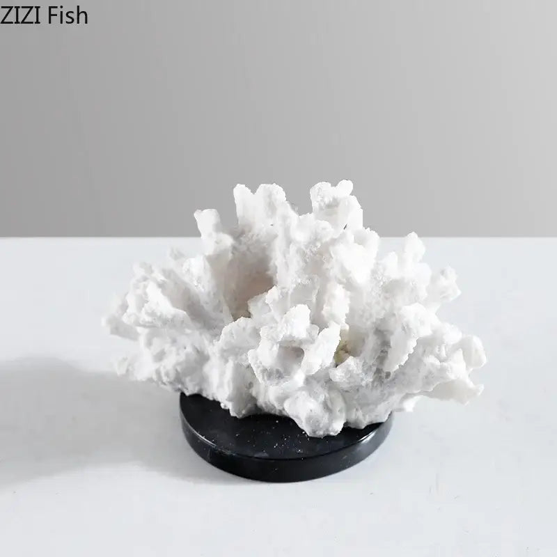 Modern white coral resin sculpture on black circular base for living room desk decor featuring decorbites coral resin