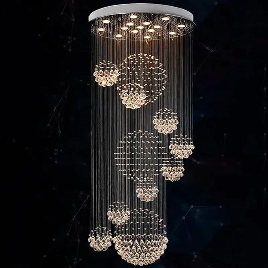 Modern white decorbites crystal ball chandelier with cascading clear faceted crystals for staircase living room decor