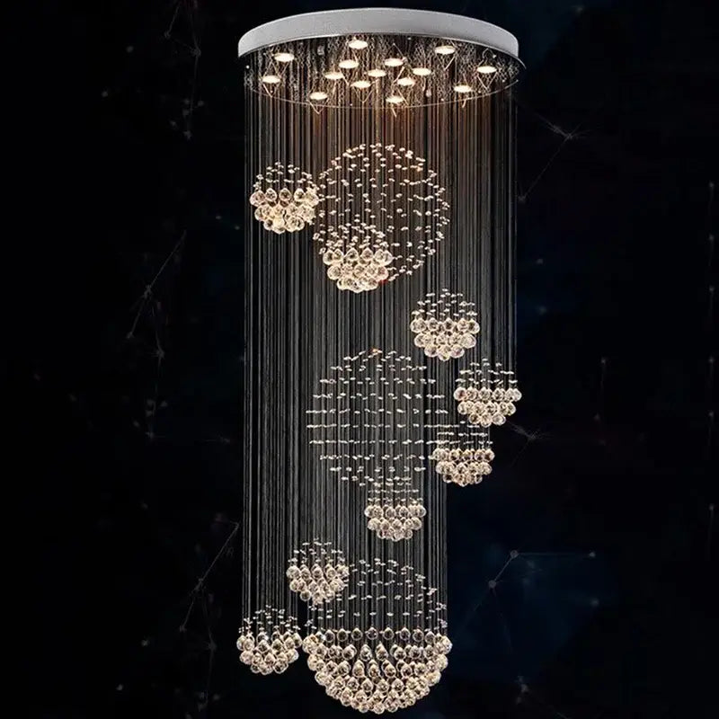 Modern white decorbites crystal ball chandelier with cascading clear faceted crystals for staircase living room decor
