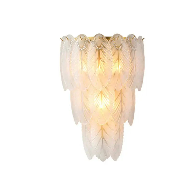 Modern white crystal feather wall lamp featuring elegant white glass feathers gold metal and pearl strands decorbites crystal feather