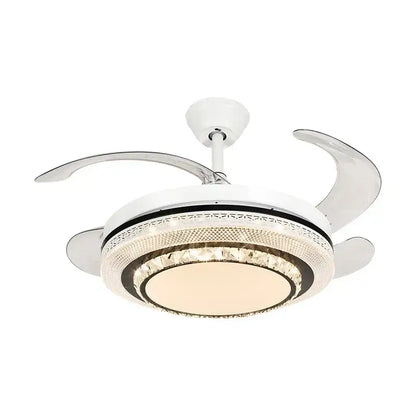 Modern white ceiling fan with chrome curved blades and crystal accents featuring decorbites led ceiling lighting