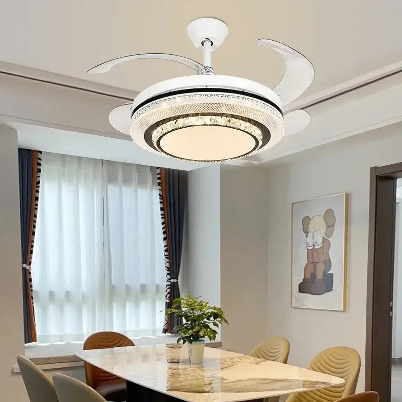 Modern white crystal led ceiling fan with integrated lighting and remote control for bedroom decorbites led ceiling fan