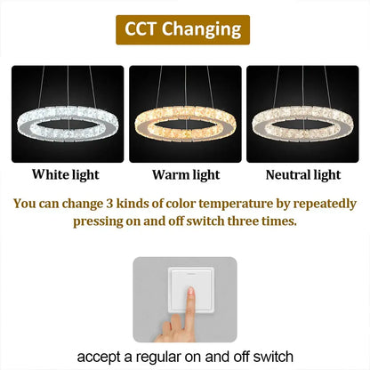 Modern white crystal ring pendant chandelier with three adjustable color temperatures for dining room decorbites crystal ring