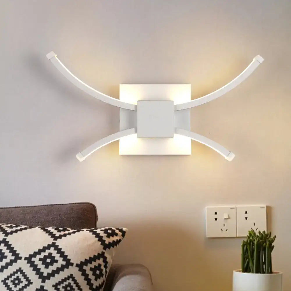 Modern white curved led wall light with sleek arms extending from a square base for 110v-120v or 220v-240v use