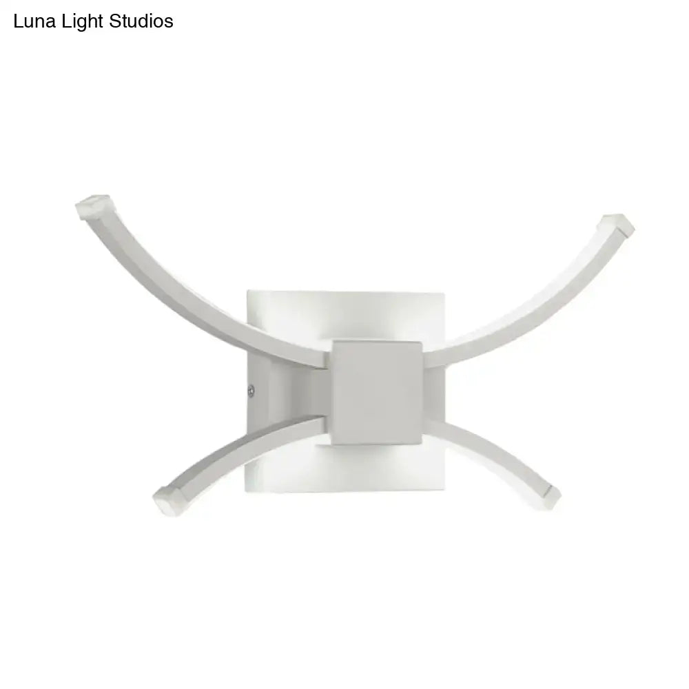 Modern white curved led wall light with sleek arms and square base designed for 110v-120v and 220v-240v use