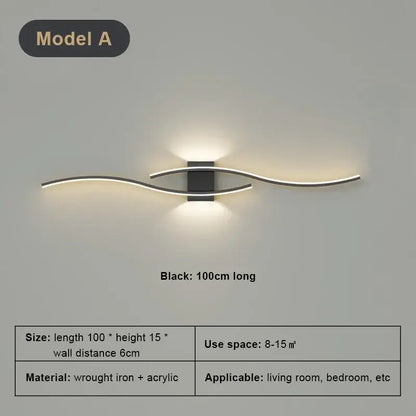 Modern black led wall light strip with sleek curved wrought iron and acrylic arms emitting warm decorbites led wall glow