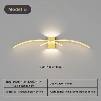 Gold-colored modern decorbites led wall light with two curved arms on a rectangular base for living room decor