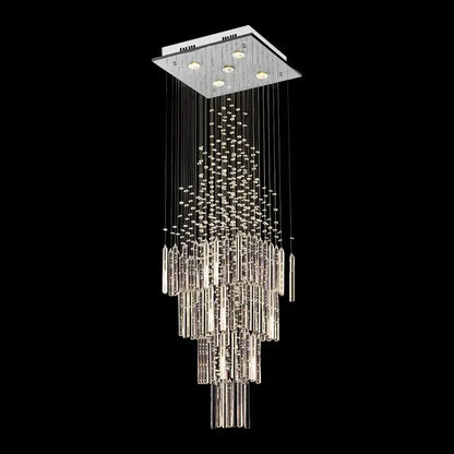 Modern white decorbites crystal ceiling chandelier with chrome finish, cascading crystal rods, and spherical beads for living room