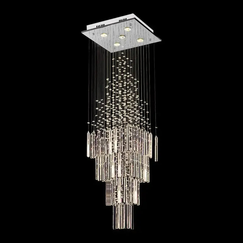Modern white decorbites crystal ceiling chandelier with chrome finish, cascading crystal rods, and spherical beads for living room