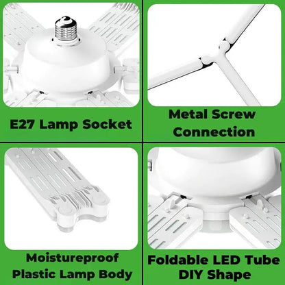 Modern white deformable led garage light with foldable blades, moistureproof plastic body, and metal screw connections