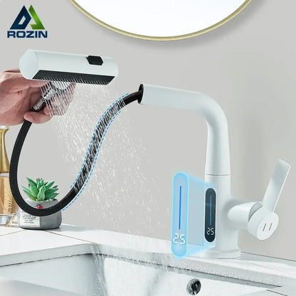 White rozin smart basin faucet with digital display and detachable shower head for modern bathroom decorbites digital display