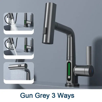 Gun grey basin faucet with sleek modern design three spray modes and decorbites digital display for bathroom use