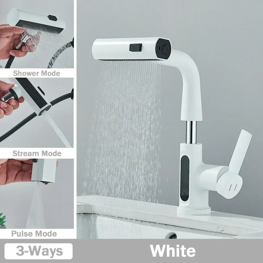 Modern white basin faucet with digital display and black accents featuring a pull out shower head by decorbites digital display