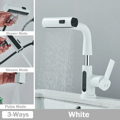 Modern white basin faucet with digital display and black accents featuring a pull out shower head by decorbites digital display