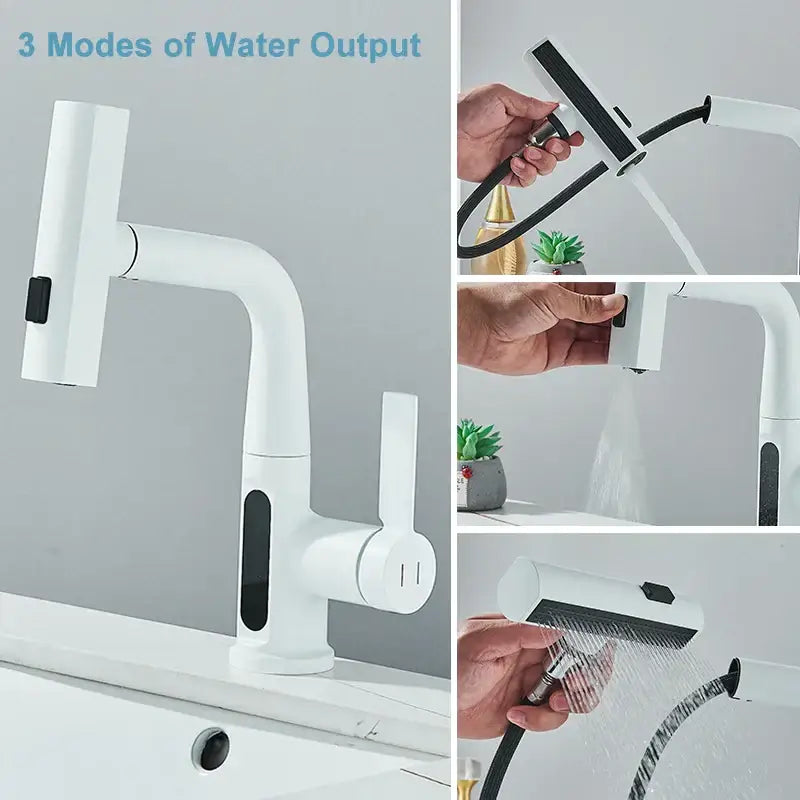 Modern white basin faucet with black accents detachable spray head three water modes decorbites digital display
