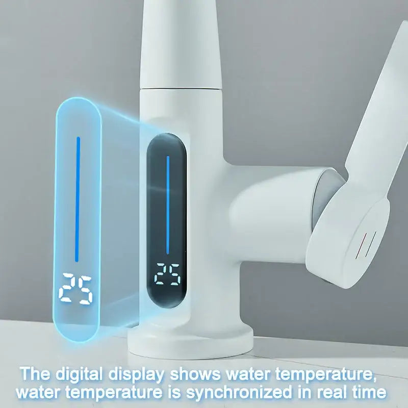 Modern white basin faucet with digital display showing 25 degrees featuring decorbites digital display and pull out shower head