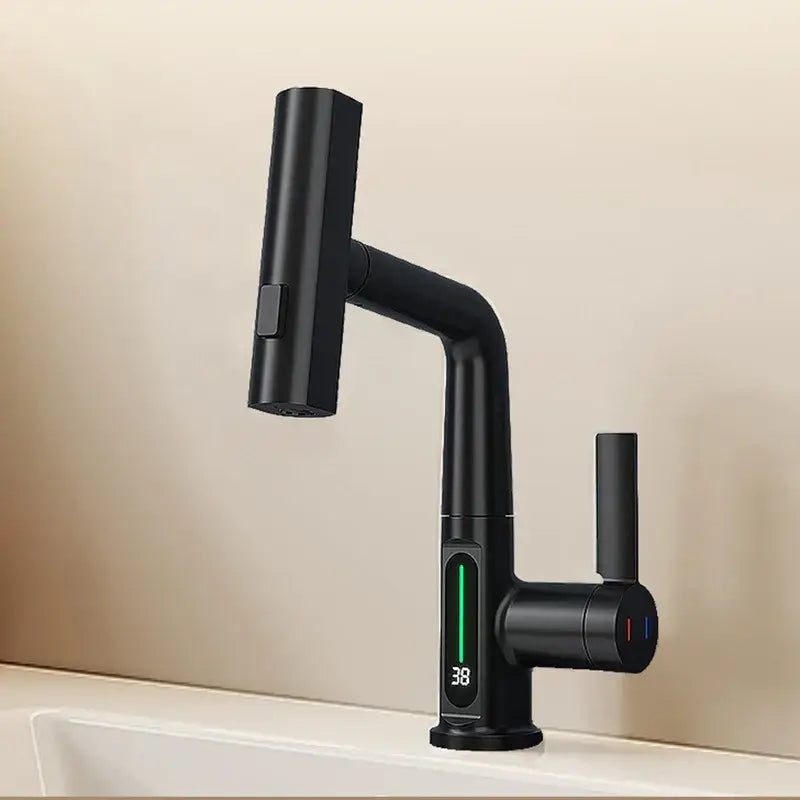 Black modern digital display basin faucet with decorbites digital display and sleek minimalist design for bathroom use