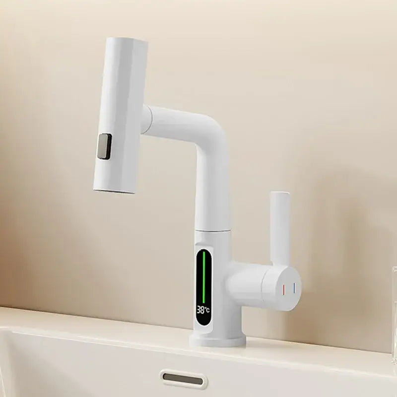 Modern white digital display basin faucet with decorbites digital display showing 38°c and green indicator