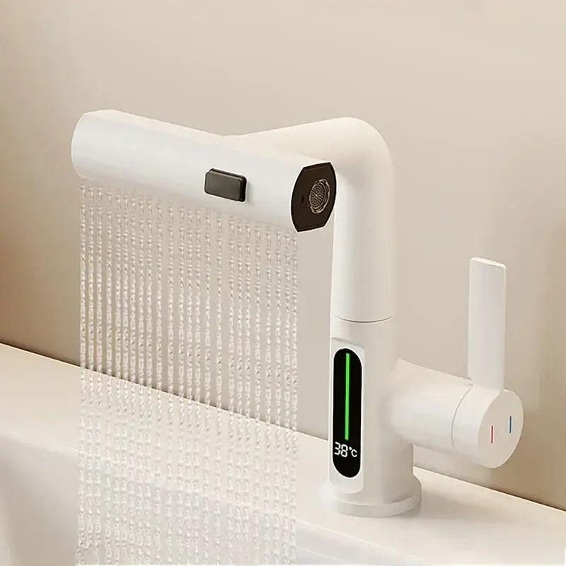 Modern white digital display basin faucet with display basin faucet and decorbites digital display showerhead emitting water