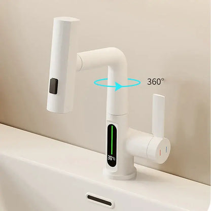 Modern white digital display basin faucet with decorbites digital display and 360-degree rotating spout for bathroom use