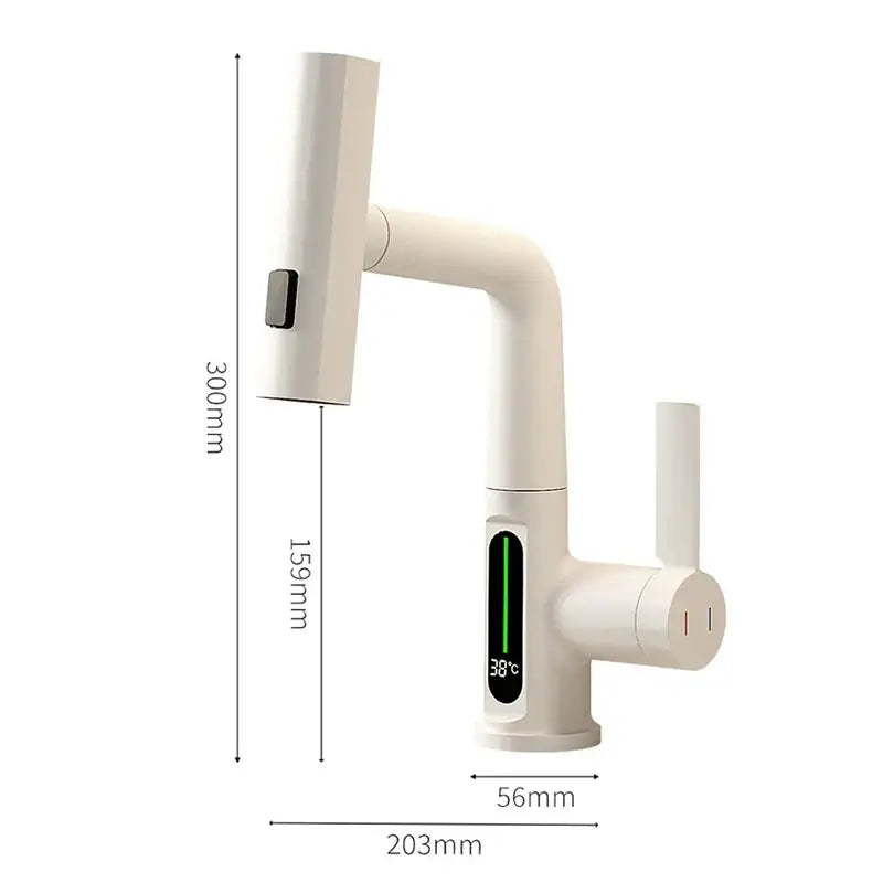 Modern white digital display basin faucet with sleek minimalist design and decorbites digital display showing 38 degrees celsius