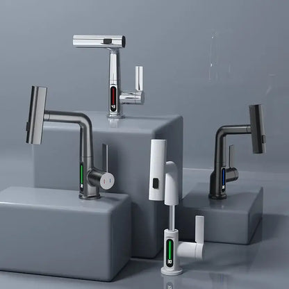 Modern white digital display brass basin faucet with chrome finish and decorbites digital display for bathroom use