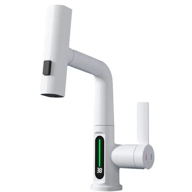 Modern white digital display brass basin faucet for bathroom with sleek minimalist design and decorbites digital display showing 38 degrees
