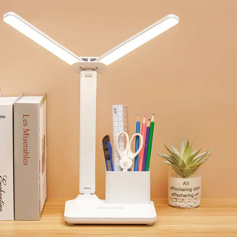 Modern white dual arm led desk lamp with integrated pen holder ideal for bedroom use decorbites led desk lamp