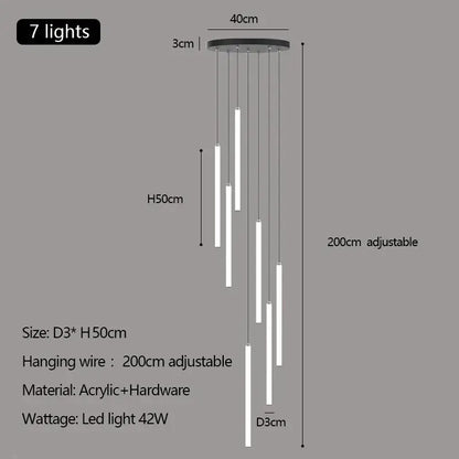 Modern white duplex loft led chandelier with seven slender white acrylic rods suspended from black metal base