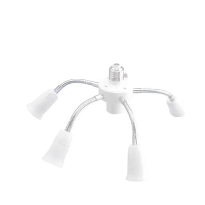 Modern white e27 socket splitter with flexible metallic gooseneck arms and translucent plastic light sockets for living room