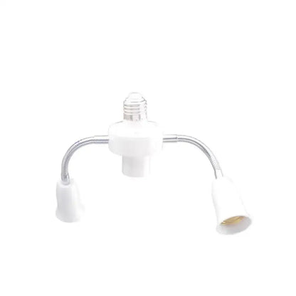 Modern white e27 socket splitter with dual flexible metal gooseneck arms and white plastic sockets for living room use